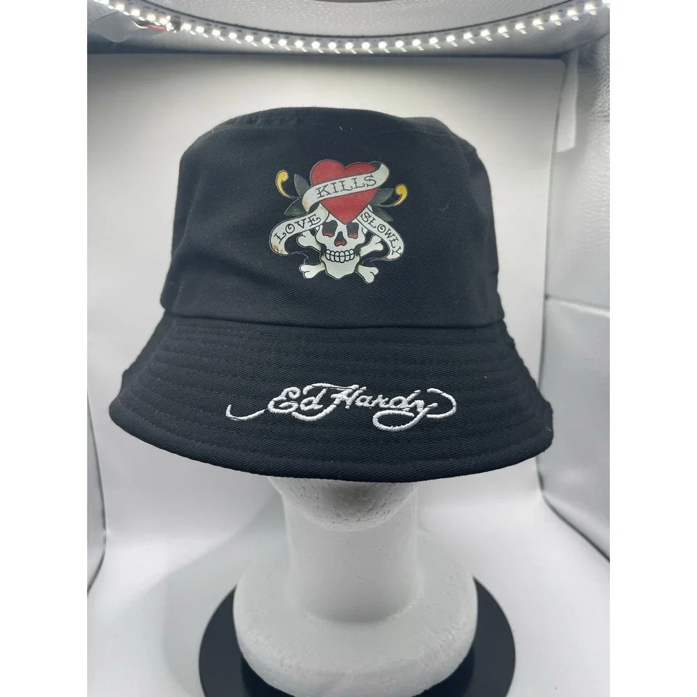 Ed Hardy Loves Kills Slowly Logo Adjustable Bucket Hat Unisex New